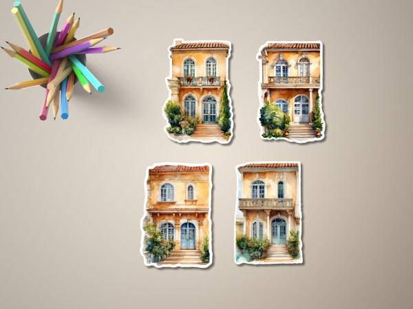 Aufkleber-Set mit vier Illustrationen von mediterranen Villen mit gelben Fassaden, großen Fenstern und üppiger Vegetation. Perfekt für dekorative Anwendungen.